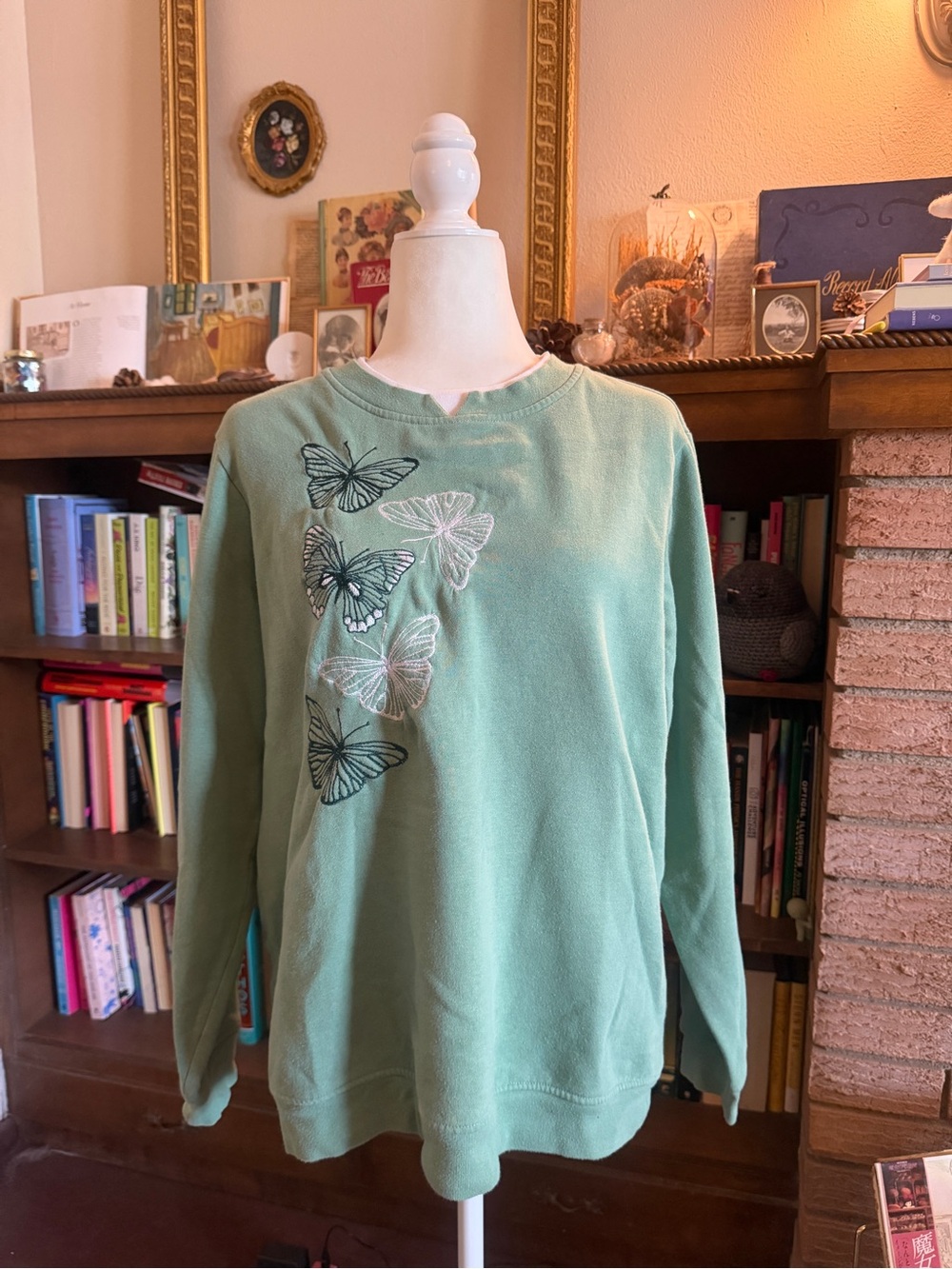 Vintage Sage Green Butterfly Embroidered Sweatshirt